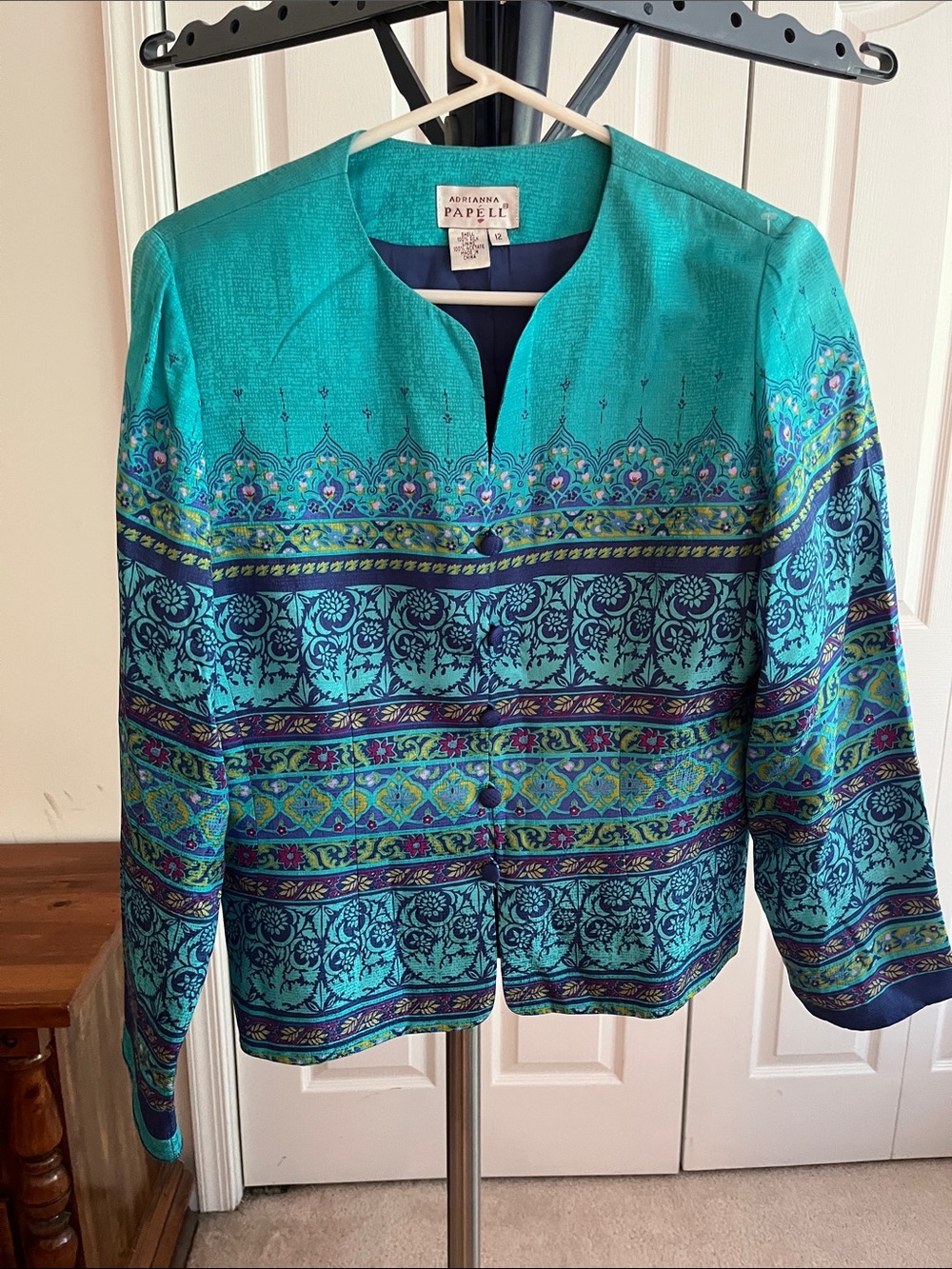 Vintage Adrianna Papell Teal & Navy Patterned Open-Front Jacket